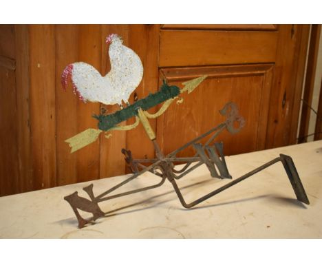Vintage metal weather vane with side mount with a cockerel, 44cm wide.  
