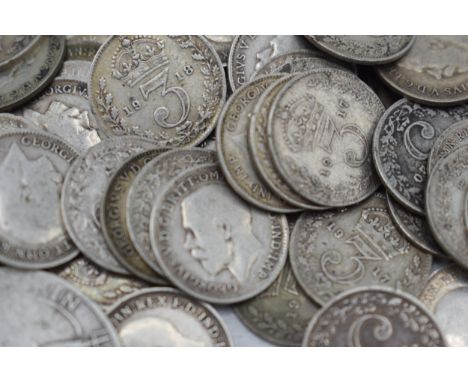 A collection of pre-1920 silver coins, approx 125 grams, to mainly include 3-pence pieces.  Condition varies.