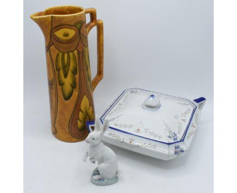 A trio of pottery items to include Shelley Art Deco tureen Blue Iris 11561, large stylish pitcher 'Florence Ware' (cracked) a