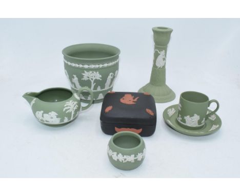 Wedgwood Jasperware in Sage Green &amp; Egyptian trinket: to include a candlestick, pretty jardiniere and others (6).  Condit