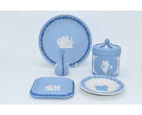 Wedgwood Jasperware including tri-colour such as a trinket, a plate, small bud vase, square dish and a blue on white pin tray