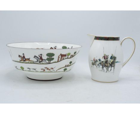 Wedgwood Ralph Lauren Highland Polo jug, 16cm tall, together with Coalport Hunting Scene bowl (2).  In good condition with no