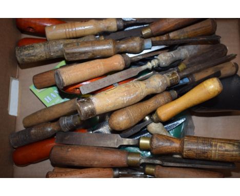 A collection of vintage chisels together with modern gardening tools (Qty).  