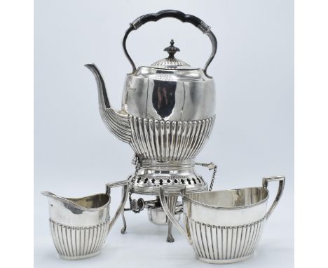 Silver plated Walker and Hall spirit kettle with burner, milk and sugar (3).  