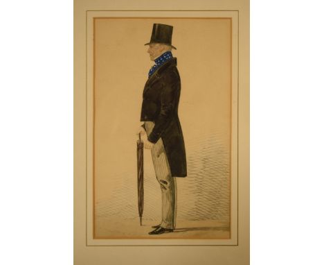 Mid 19th century English school watercolour and pencil drawing on paper, portrait of an Elderly Dandy full length profile hol