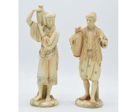 A pair of Royal Worcester blushed ivory male and female water carriers, '1206' impressed to base', damages to both (2).  Lady