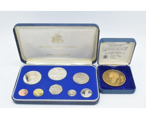 50th Anniversary of Discovery of Tutankhamun sterling silver gilt medallion, 53.7 grams, cased, together with 1973 Barbados p