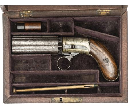 A cased 5 shot 80 bore Cooper’s patent self cocking ring trigger underhammer percussion pepperbox revolver, 7½” overall, barr