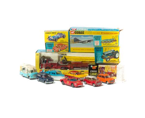 16 Corgi Toys. Including; American LaFrance Aerial Rescue Truck (1143), Concorde (650), Four Furrow Plough (61), Hillman Imp 