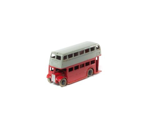 Dinky Toys Leyland Double Deck Bus (29c). Red lower body with light grey upper, smooth black wheels with white rubber tyres. 