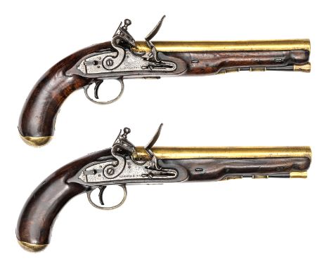 A brace of flintlock mail coach pistols comprising: a scarce 16 bore brass barrelled flintlock mail coach pistol by Harding, 