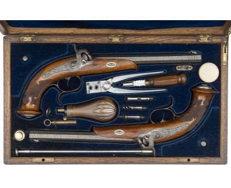 A fine cased pair of German 60 bore percussion target or duelling pistols by G. Noack of Berlin,      c 1860, 14½” overall, o