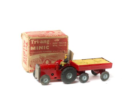Tri-ang Minic Farm Tractor with Trailer. Both in red with diecast wheels, black tyres and 12 straw bales. Boxed, some damage 