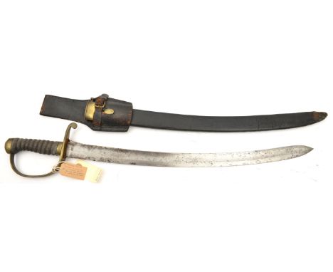 A constabulary sidearm,  slightly curved fullered blade 23”, DE at point, plain brass hilt, stepped pommel, ribbed fishskin g