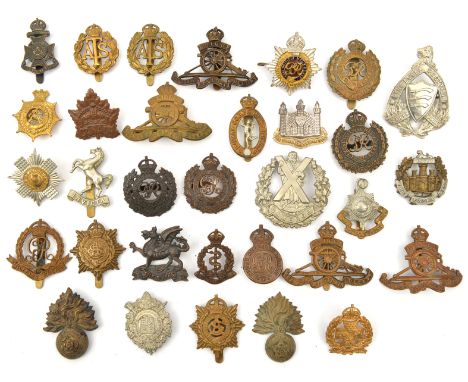 32 cap/glengarry badges,  including R Fus, Essex (slide missing), Camerons, Kent Cyclists, 5th London non voided, 21st London