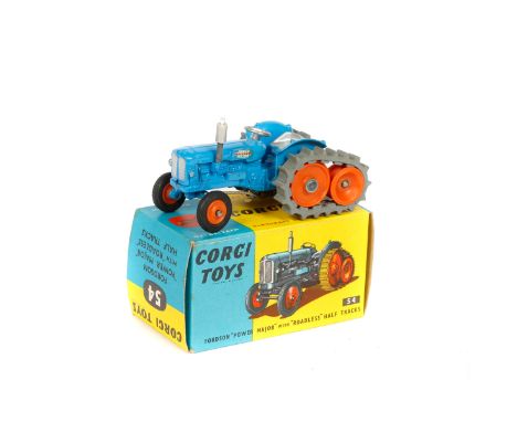 A scarce Corgi Toys Fordson 'Power Major' Tractor (54). An example with blue body, orange wheels and grey tracks. Boxed. Trac