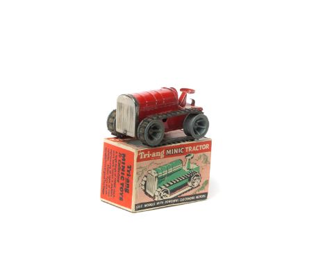 Tri-ang Minic Tractor. A post-war example in red with diecast wheels and black tracks. Boxed, very minor wear. Tractor VGC, v