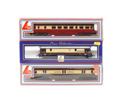 3 Lima powered units. A GWR Railcar (205143) in chocolate and cream livery, Express Parcels No.34. Together with another in B