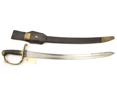 A constabulary sidearm, slightly curved fullered blade 23”, DE at point, plain brass hilt with spring catch (stud missing) to