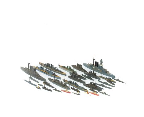 30 lead and die-cast waterline ships by various makes including some pre-war examples. Approx 1:1200 scale battle ships, subm