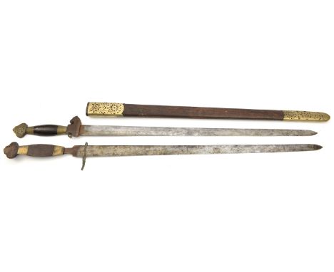 A 19th century Chinese double sword,  very shallow triangular section blades, 26”, lightly etched on the outer face, one with