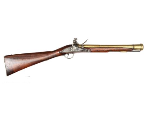 A late 18th century Plymouth Dockyard brass barrelled flintlock blunderbuss, 30” overall, 2 stage bell mouth barrel 14½”, bre