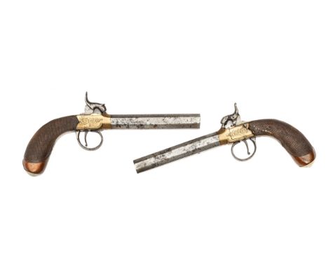 A pair of Birmingham made 50 bore bronze framed percussion boxlock overcoat pocket pistols, 8½” overall, turn off barrels 4¼”