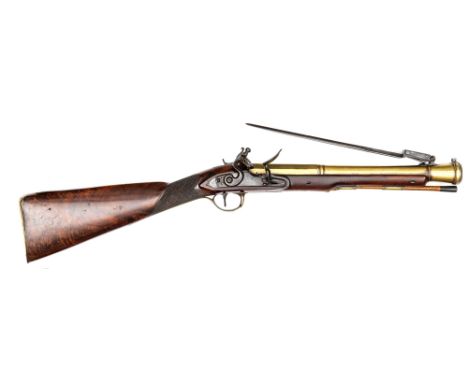 A good quality brass barrelled flintlock blunderbuss with spring bayonet, by J & W Richards, c 1810, 30” overall, 2 stage bel