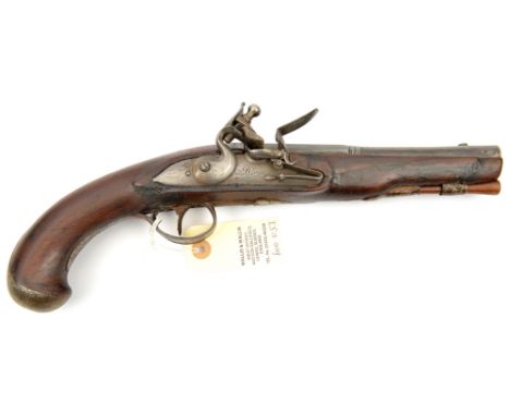 A late 18th century Belgian officer’s 22 bore flintlock holster pistol, 13¼” overall, half octagonal barrel 7”, the rounded l