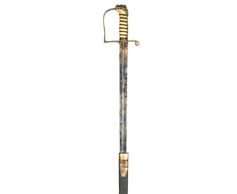 A naval officer’s sword for Commanders and above, c 1805-25, straight fullered blade 32”, etched, on blued and gilt for half 