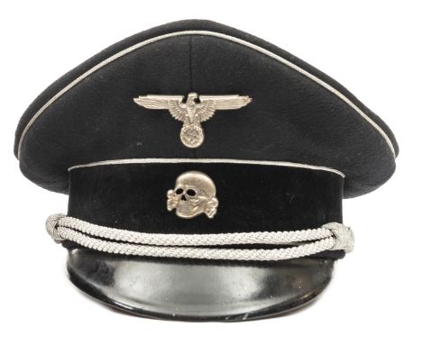 A good scarce Third Reich Allgemeine SS officer’s visor cap, with white metal eagle and death’s head insignia, silver bullion