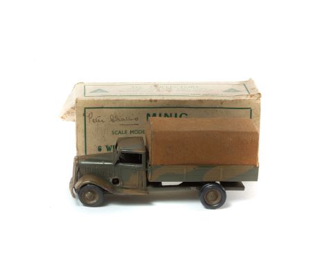 Tri-ang Minic 6-wheel Army Canvas Tilt Lorry (69M CF). An example in green and brown camouflage with fixed canvas tilt, green