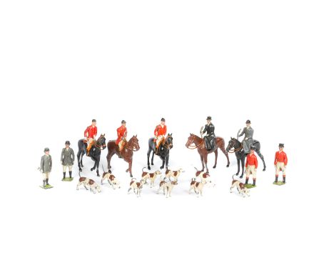 Britains Hunting Series - The Meet from Set 234. c.1924 on, comprising - 5 mounted - 3 men in scarlet jackets and 2 ladies, 1