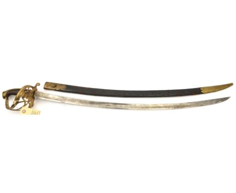 A mid 19th century Continental cavalry officer’s sword,  stated to be Russian, slender curved fullered blade 31½”, etched on 