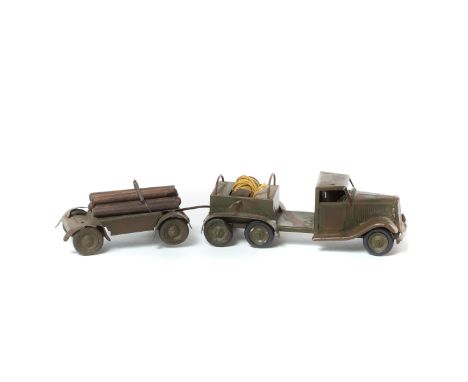 Tri-ang Minic scarce Barrage Balloon Wagon and Trailer set - balloon missing (76M). A 6-wheel Army Lorry in green and brown c