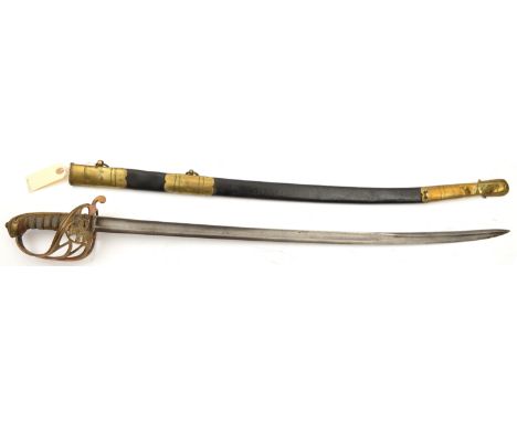 A Vic 1845 pattern infantry officer’s sword, curved, fullered blade 29”, DE towards point, with traces of etched foliate pane