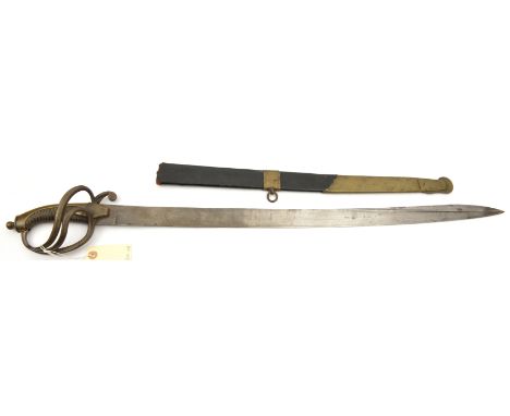 A Russian cavalry officer’s sword, very slightly curved, broad, flat blade 29”, with Cyrillic designation and date 1858 on ba