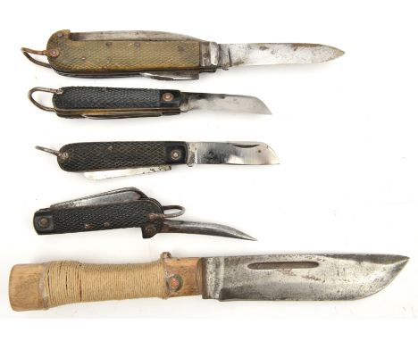 A WWI British army jacknife, 3¾” blade marked “H G Long & Co” with marlin spike and can opener; a WWII British army Jacknife 