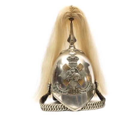 A Victorian trooper’s helmet of the Fife Light Horse, brass edge bound white metal skull, top mount and spike, with white hai