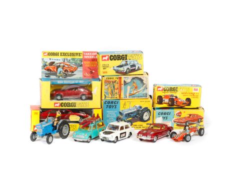 7 Corgi Toys. Ford 5000 Super Major Tractor (67), Lotus Climax F1 RN8 (158), Chevrolet Corvette Sting Ray (310), Marcos Manti