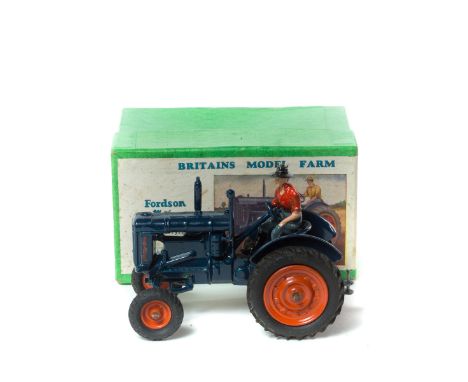Britains Fordson Major Tractor (rubber tyres) (128F). In dark blue with orange wheels and black treaded rubber tyres. Boxed w