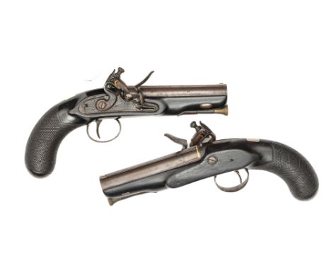 A pair of 20 bore flintlock travelling pistols by Sykes of Oxford, c 1820, 9¼” overall, sighted twist barrels 4½”, with raise