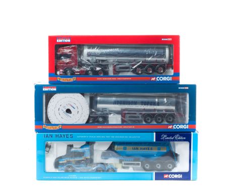 3 Corgi articulated trucks. Scania R Series Tanker 'Shirley's Transport Ltd' CC13712. 2x Scania T-Cab Feldbinder tanker 'Ian 