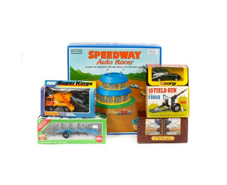 33 Various makes.  A Schylling Speedway Auto Racer set 'Classic tin cars race around track as it tilts & twists'. H.K. 10" Fi