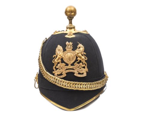 A post 1902 officer’s blue cloth ball topped helmet of The R Army Medical Corps, gilt HP, top mount, velvet backed chinchain 