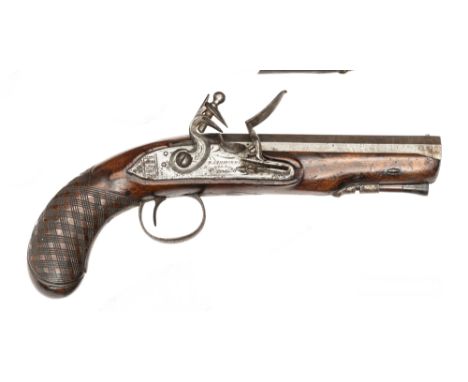 An early 19th century 16 bore flintlock large travelling pistol, 11½” overall, octagonal barrel 6”; the trade quality flat lo