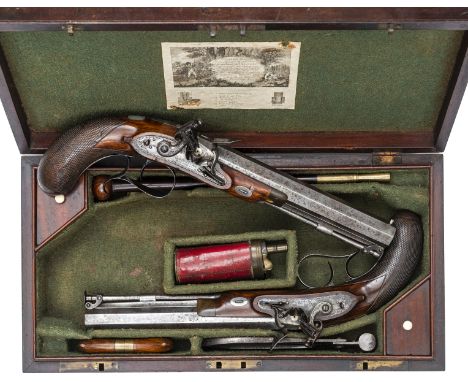 A good cased pair of officer’s 14 bore flintlock holster pistols by Alexander Wilson, London, in the style of duelling pistol