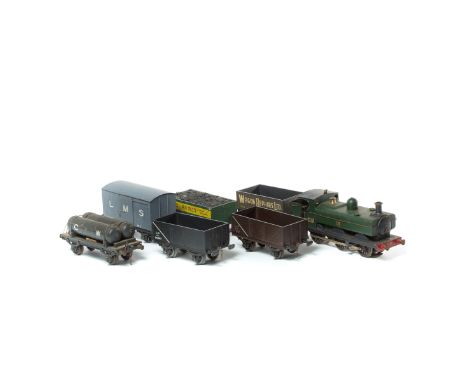 A coarse scale O gauge GWR 0-6-0 Pannier Tank locomotive and 7 coarse scale wagons. Loco in Brunswick Green along with 5 open