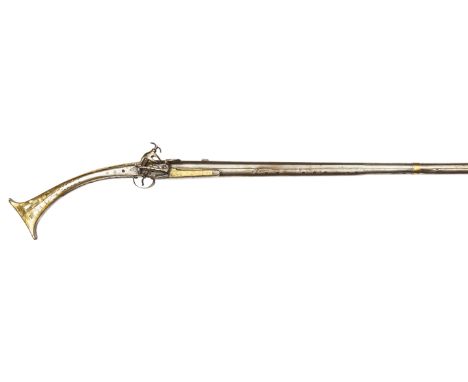 An 18th century 16 bore Albanian miquelet flintlock gun, 67” overall, barrel 53” with engraved muzzle and octagonal breech wi
