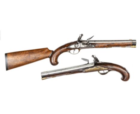 A good pair of German officer’s 20 bore flintlock pistol carbines with detachable shoulder stock, by Gerlach, c 1780, 17½” ov